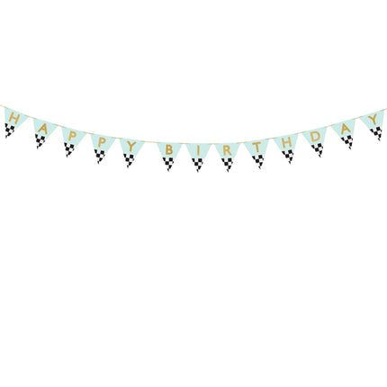 Vėliavėlių girlianda su užrašu "Happy Birthday", pagaminta iš popieriaus, įvairių spalvų. Aukštis apie 13 cm, virvelės ilgis apie 3 m. DIY produktas - lengvai pasidaryk pats.