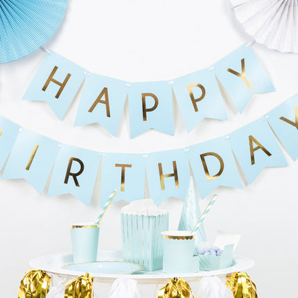 Vėliavėlių girlianda "Happy Birthday", šviesiai mėlyna, 15 x 175 cm