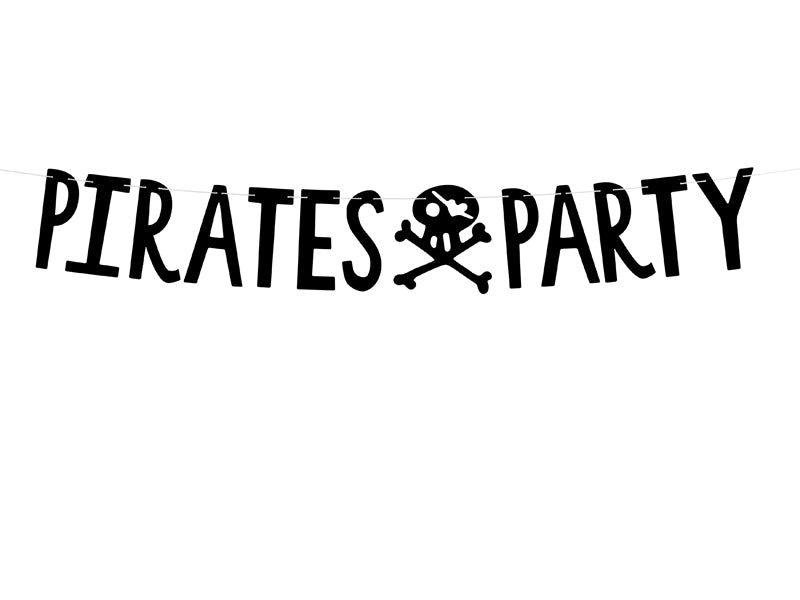 Vėliavėlių girlianda "Piratų vakarėlis", iš juodo popieriaus, rinkinyje yra raidės ir apie 2 m juodai baltos virvelės, dydis surinkus: aukštis apie 14 cm, ilgis apie 1 m. DIY produktas - lengvai pasidaryk pats.
