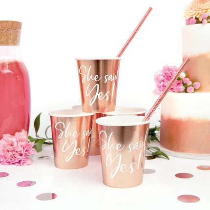 Vienkartiniai Puodeliai "She said yes!", rožinio aukso spalvos, 220 ml (6 vnt.)