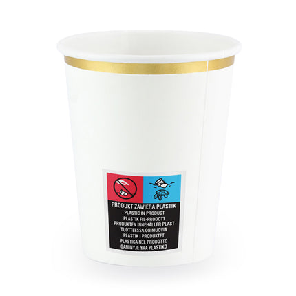 Popieriniai puodeliai, baltos ir aukso spalvos, 260 ml (6 vnt.)