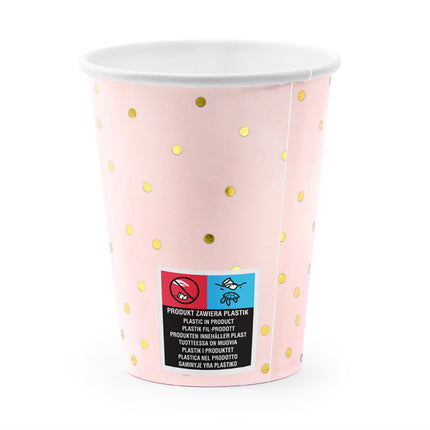 Popieriniai puodeliai, taškuoti, šviesiai rožinės spalvos, 260 ml (6 vnt.)