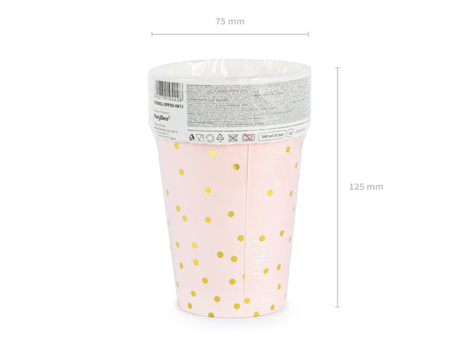 Popieriniai puodeliai, taškuoti, šviesiai rožinės spalvos, 260 ml (6 vnt.)