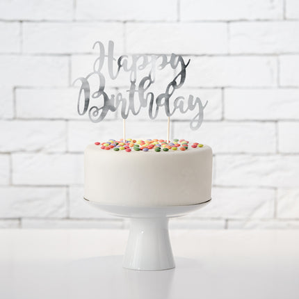 Torto viršūnėlė "Happy Birthday", sidabrinės spalvos, 22,5 cm