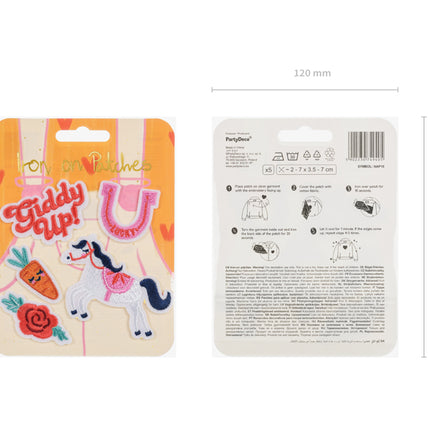 Klijuojami tekstiliniai lipdukai "Giddy up", spalvų mišinys, rinkinį sudaro 5 raštai (po 1 vnt. kiekvieno rašto), dydis apie 2-7 x 3,5-7 cm. (5 vnt.)