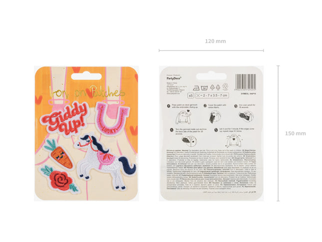 Klijuojami tekstiliniai lipdukai "Giddy up", spalvų mišinys, rinkinį sudaro 5 raštai (po 1 vnt. kiekvieno rašto), dydis apie 2-7 x 3,5-7 cm. (5 vnt.)