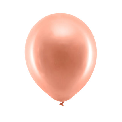 Metalizuoti lateksiniai balionai, rožinio aukso spalvos. Skersmuo – apie 23 cm. Pakuotėje 100 vnt.