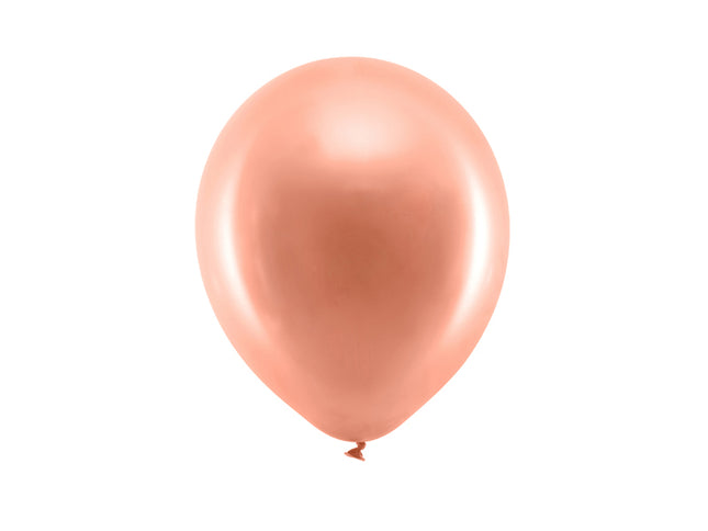 Metalizuoti lateksiniai balionai, rožinio aukso spalvos. Skersmuo – apie 23 cm. Pakuotėje 100 vnt.
