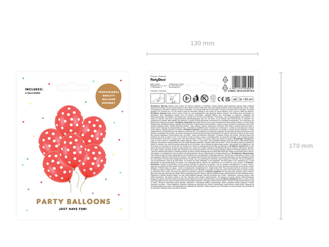 Balionai 30 cm, "Taškeliai", balti taškeliai, pastelinė raudona (6 vnt.)