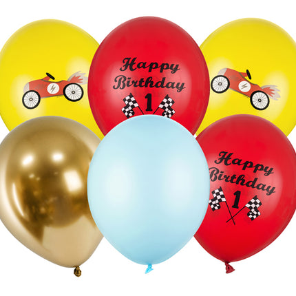 Stiprūs lateksiniai balionai "Happy Birthday". Balionas priklauso "Lenktynininkų" temai. Rinkinį sudaro 6 balionai (2 pastelinės medaus geltonos spalvos su spalvotu atspaudu, 2 pastelinės aguonų raudonos spalvos su baltu ir juodu atspaudu, 1 pastelinės šviesiai mėlynos spalvos ir 1 blizgios aukso spalvos), skersmuo apie 30 cm. (6 vnt.)