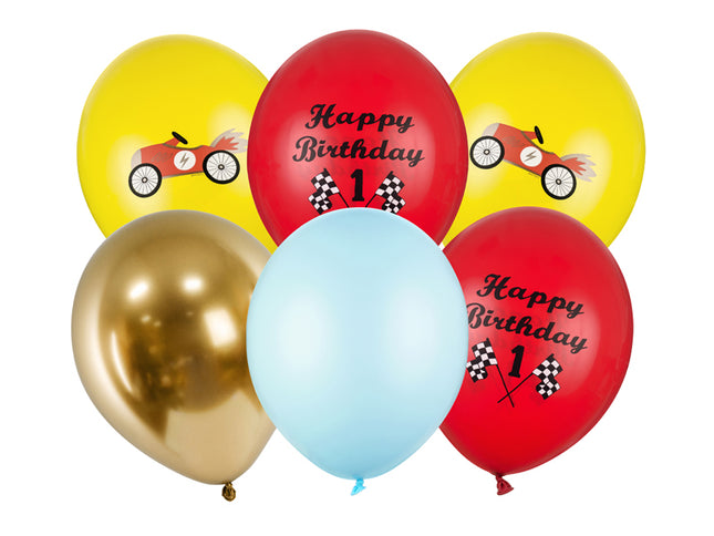 Stiprūs lateksiniai balionai "Happy Birthday". Balionas priklauso "Lenktynininkų" temai. Rinkinį sudaro 6 balionai (2 pastelinės medaus geltonos spalvos su spalvotu atspaudu, 2 pastelinės aguonų raudonos spalvos su baltu ir juodu atspaudu, 1 pastelinės šviesiai mėlynos spalvos ir 1 blizgios aukso spalvos), skersmuo apie 30 cm. (6 vnt.)
