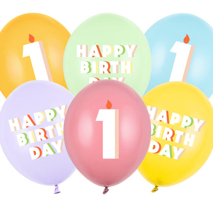 Lateksiniai balionai „Happy birthday – 1“, apie 30 cm. Dvipusė spauda. Rinkinyje 6 vnt. Spalvos: pastelinė pistacija, rožė, geltona, šviesiai mėlyna, šviesiai alyvinė, medaus.
