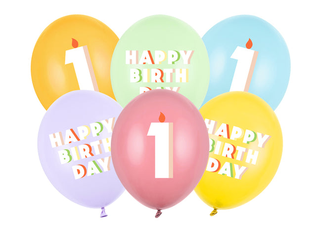 Lateksiniai balionai „Happy birthday – 1“, apie 30 cm. Dvipusė spauda. Rinkinyje 6 vnt. Spalvos: pastelinė pistacija, rožė, geltona, šviesiai mėlyna, šviesiai alyvinė, medaus.