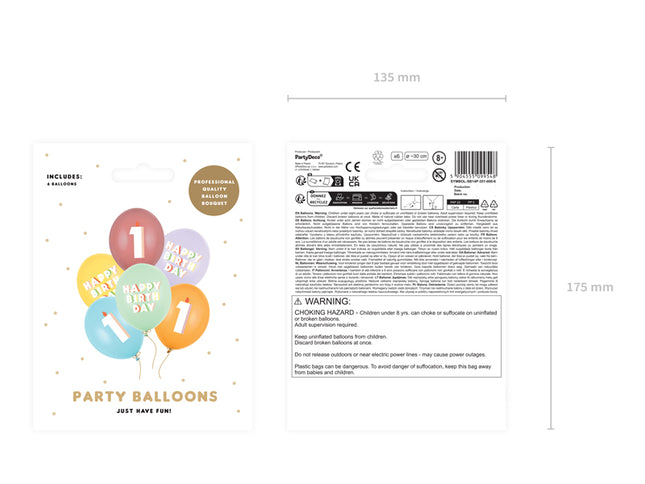 Lateksiniai balionai „Happy birthday - 1“, 30 cm (6 vnt.)