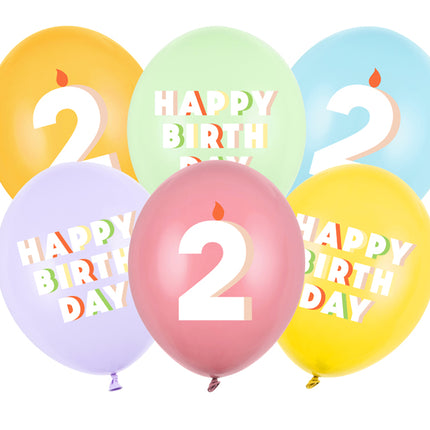 Lateksiniai balionai „Happy birthday – 2“, apie 30 cm. Dvipusė spauda. Rinkinyje 6 vnt. Spalvos: pastelinė pistacija, rožė, geltona, šviesiai mėlyna, šviesiai alyvinė, medaus.
