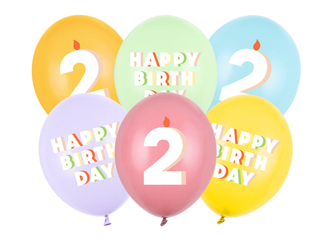 Lateksiniai balionai „Happy birthday – 2“, apie 30 cm. Dvipusė spauda. Rinkinyje 6 vnt. Spalvos: pastelinė pistacija, rožė, geltona, šviesiai mėlyna, šviesiai alyvinė, medaus.