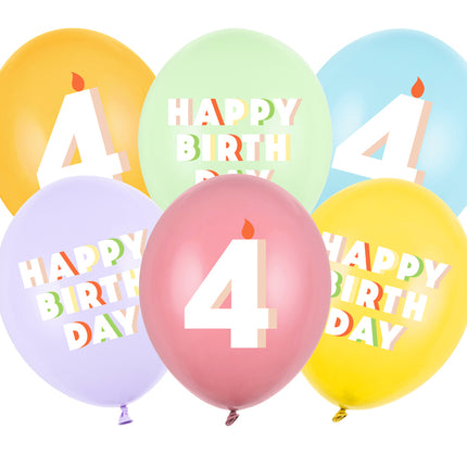 Lateksiniai balionai „Happy birthday – 4“, apie 30 cm. Dvipusė spauda. Rinkinyje 6 vnt. Spalvos: pastelinė pistacija, rožė, geltona, šviesiai mėlyna, šviesiai alyvinė, medaus.