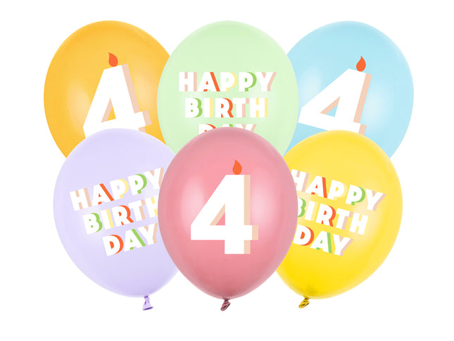Lateksiniai balionai „Happy birthday – 4“, apie 30 cm. Dvipusė spauda. Rinkinyje 6 vnt. Spalvos: pastelinė pistacija, rožė, geltona, šviesiai mėlyna, šviesiai alyvinė, medaus.