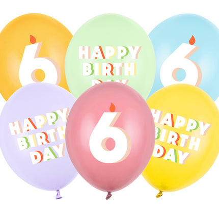 Lateksiniai balionai „Happy birthday – 6“, apie 30 cm. Dvipusė spauda. Rinkinyje 6 vnt. Spalvos: pastelinė pistacija, rožė, geltona, šviesiai mėlyna, šviesiai alyvinė, medaus.