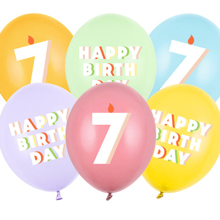 Lateksiniai balionai „Happy birthday – 7“, apie 30 cm. Dvipusė spauda. Rinkinyje 6 vnt. Spalvos: pastelinė pistacija, rožė, geltona, šviesiai mėlyna, šviesiai alyvinė, medaus.