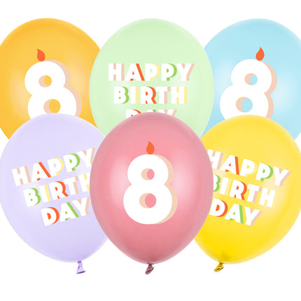 Lateksiniai balionai „Happy birthday – 8“, apie 30 cm. Dvipusė spauda. Rinkinyje 6 vnt. Spalvos: pastelinė pistacija, rožė, geltona, šviesiai mėlyna, šviesiai alyvinė, medaus.