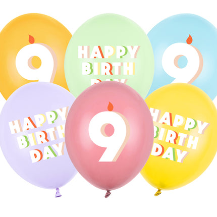 Lateksiniai balionai „Happy birthday – 9“, apie 30 cm. Dvipusė spauda. Rinkinyje 6 vnt. Spalvos: pastelinė pistacija, rožė, geltona, šviesiai mėlyna, šviesiai alyvinė, medaus.