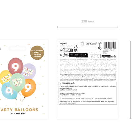 Lateksiniai balionai „Happy birthday - 9“, 30 cm (6 vnt.)
