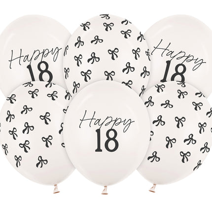 Lateksiniai balionai su kaspinėliais „18“, pastelinė balta, apie 30 cm. Su spauda. Rinkinyje 6 vnt. balionų. Švęskite svarbius gimtadienius tinkamai!