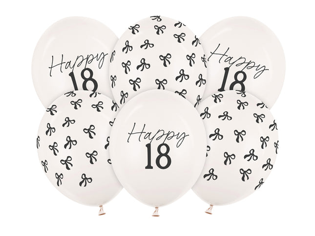 Lateksiniai balionai su kaspinėliais „18“, pastelinė balta, apie 30 cm. Su spauda. Rinkinyje 6 vnt. balionų. Švęskite svarbius gimtadienius tinkamai!