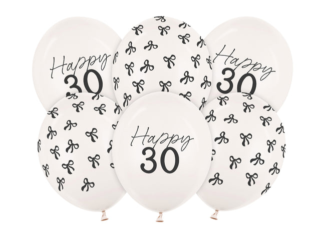 Lateksiniai balionai su kaspinėliais „30“. Pastelinės baltos spalvos, dydis apie 30 cm. Su spauda. Rinkinyje 6 vnt. balionų. Švęskite jubiliejų tinkamai!