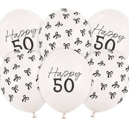 Lateksiniai balionai su kaspinėliais „50“, pastelinė balta, apie 30 cm. Su spauda. Rinkinyje 6 vnt. balionų. Švęskite jubiliejų tinkamai!