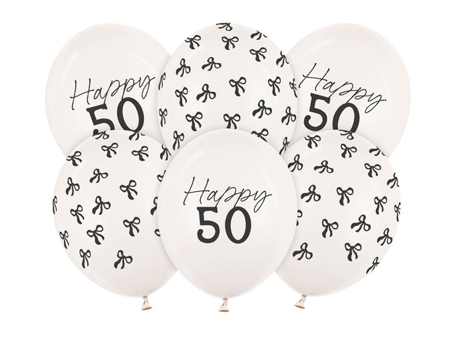 Lateksiniai balionai su kaspinėliais „50“, pastelinė balta, apie 30 cm. Su spauda. Rinkinyje 6 vnt. balionų. Švęskite jubiliejų tinkamai!