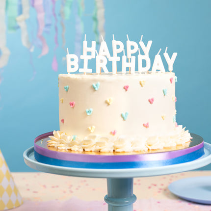 Gimtadienio žvakės "Happy Birthday", 2,5 cm, baltos spalvos (13 vnt.)