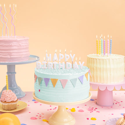 Gimtadienio žvakės "Happy Birthday", 2,5 cm, baltos spalvos (13 vnt.)