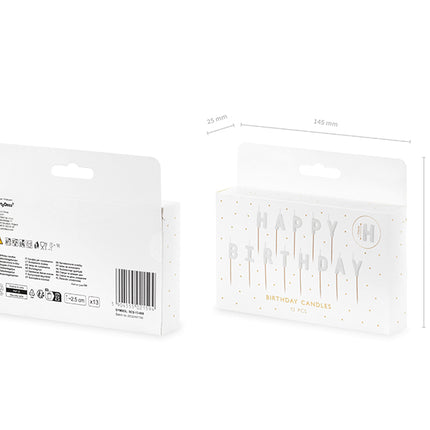 Gimtadienio žvakės "Happy Birthday", 2,5 cm, baltos spalvos (13 vnt.)