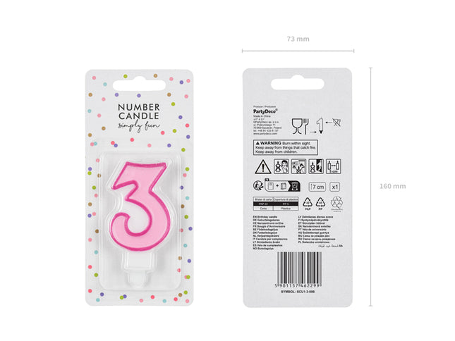 Gimtadienio žvakė Nr. "3", rožinė, 7 cm