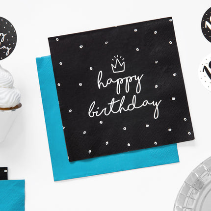 Servetėlės "Happy Birthday", juodos, 33x33 cm (20 vnt.)