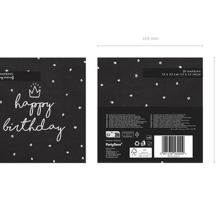 Servetėlės "Happy Birthday", juodos, 33x33 cm (20 vnt.)