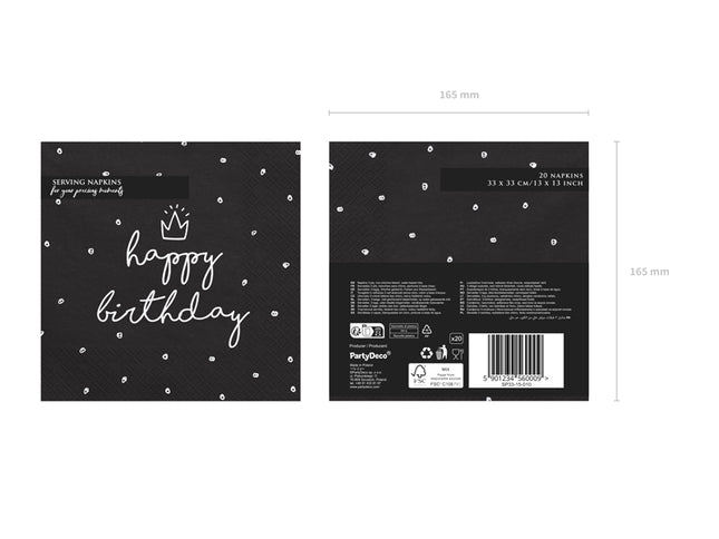Servetėlės "Happy Birthday", juodos, 33x33 cm (20 vnt.)