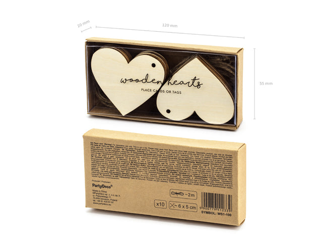 Medinės stalo kortelės "Širdutės", 6x5 cm (10 vnt.)